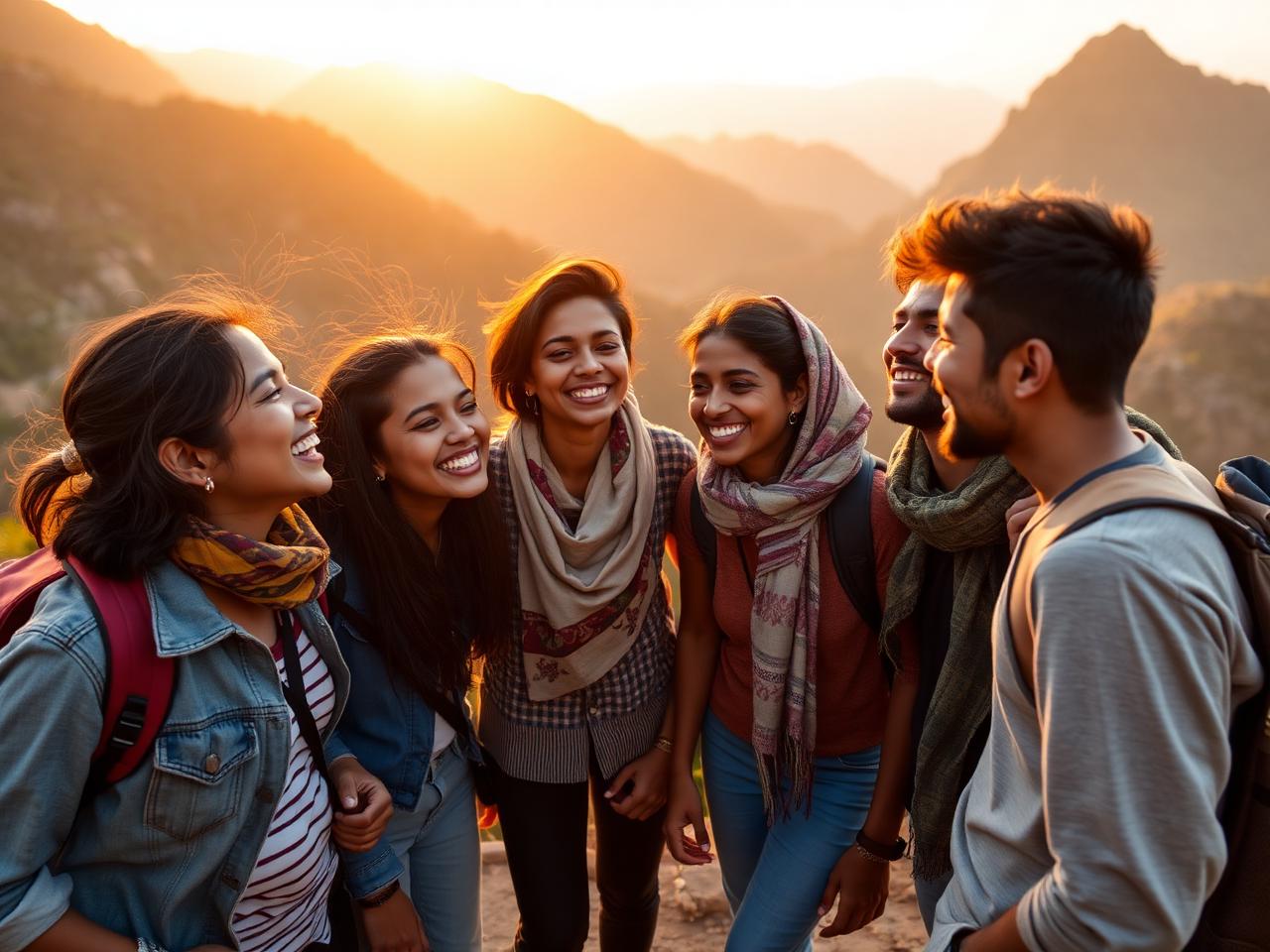 Group of travellers laughing together at a viewpoint