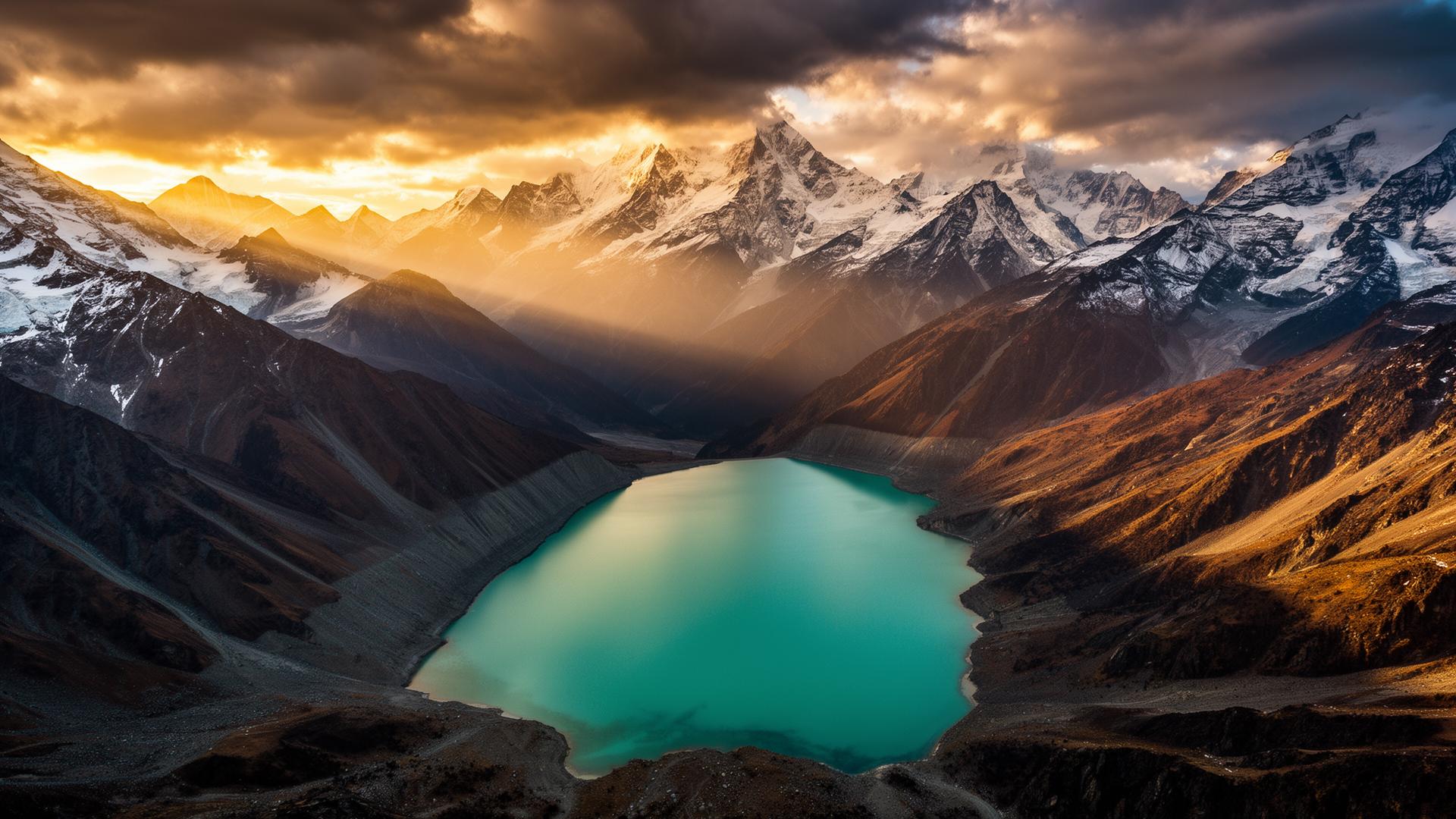 Turquoise Himalayan lake at sunrise