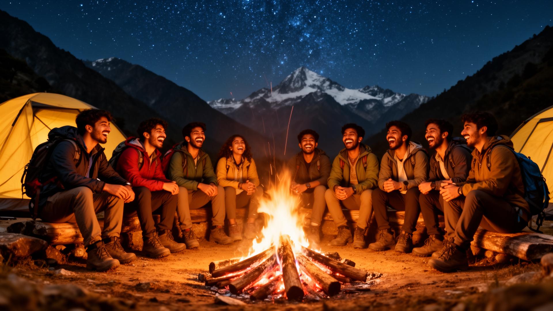 Group of travellers around a bonfire under the stars